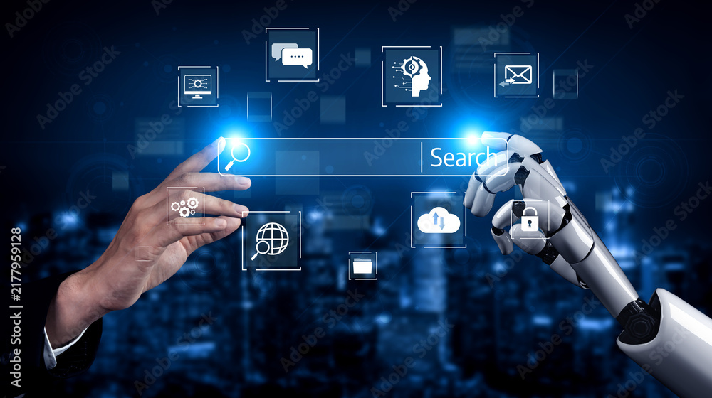 Obraz premium AI improves SEO with smart keyword tools, search pattern analysis, and virtual assistants to boost online visibility and marketing reach. Vouch