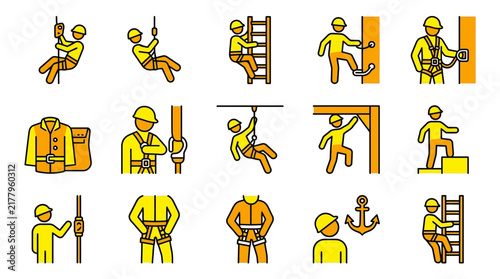 Industrial safety inspection and height work professional gear equipment icons set for construction sites and workplace fall protection