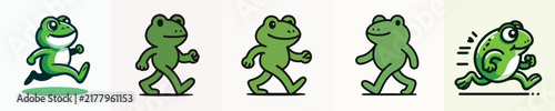 Foto Animated green frog characters walking in sequence with playful expressions