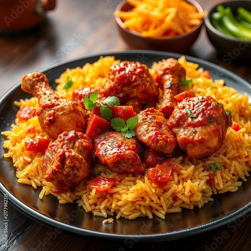 Sizzling spicy chicken biryani served on black plate, savory, ||food