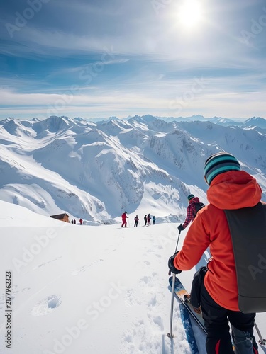 Skiing down snowy mountain slope with other skiers in background, mountaineering, snow-covered mountains