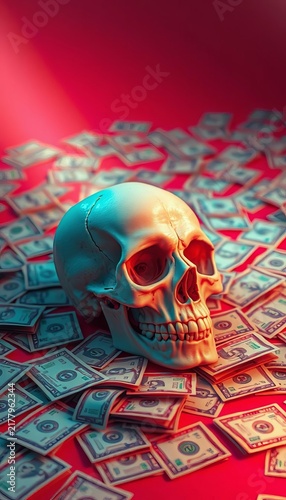 Skull rests on scattered bills in crimson beam, solemn., ||red light