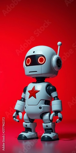 Small robot with red star on chest stands in front of bright red background, Metallic, Pattern