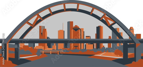Houston Skyline Vector Art with Arch Bridge and Orange Buildings Modern Cityscape