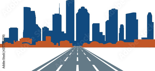 Houston Skyline Vector Silhouette and Road Perspective Cityscape Graphic
