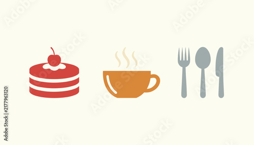 Simple flat icons representing a cherry topped cake slice, a hot cup of coffee, and a set of grey dining cutlery.