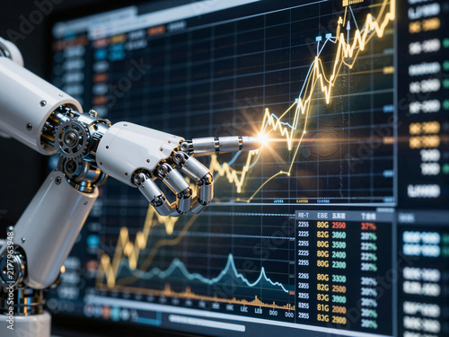 Robotic arm pointing at upward trend on financial chart