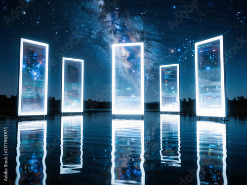 Array of holographic digital screens under a starry sky