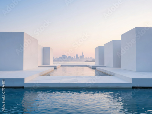 Modern white geometric architecture with city skyline in the backgroun