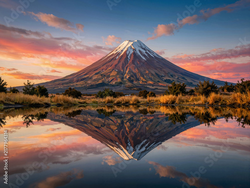 Snow-capped mountain reflected in a calm lake at sunset