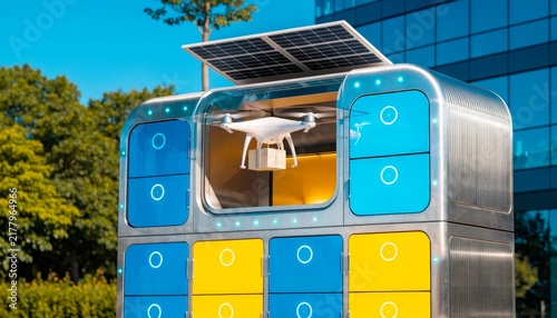 Drone delivering package at automated delivery station in a city park