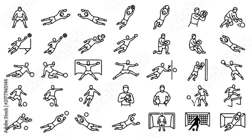 Soccer goalkeeper icon set, 35 football goalie line icons, professional athlete silhouettes in action, sports vector graphics for apps
