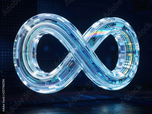 Futuristic holographic infinity symbol with tech interface design