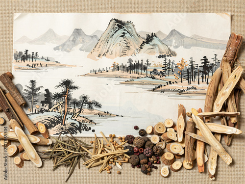 Top-down view of various dried Chinese herbal medicines arranged on a