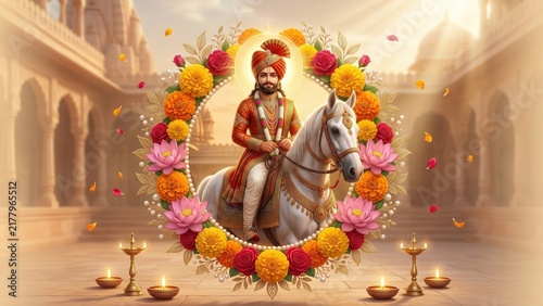 Ramdev Pir Festival Artwork with Marigold and Lotus Flowers