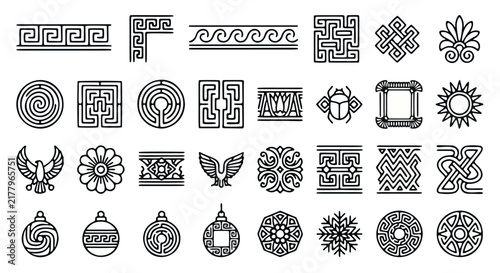 Ancient Greek and Roman ornaments, 32 black line vector icons. Ethnic meander borders and labyrinth symbols. Antique geometric patterns.