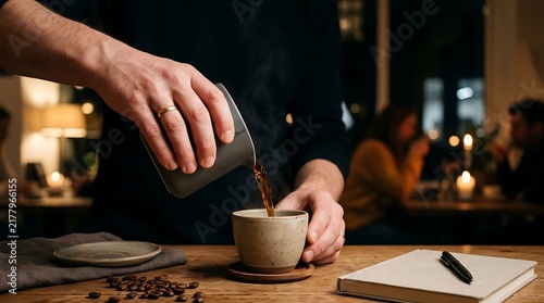 Close up of a person pouring hot coffee into a small ceramic cup in a cozy cafe setting.