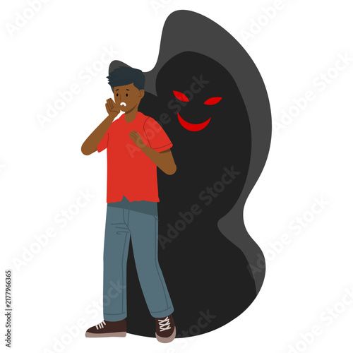 Scared boy in red shirt and blue pants, evil shadow with glowing red eyes. Spooky halloween design, horrorthemed projects.