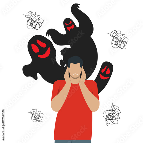 Stressed man in red shirt with dark ghost shadows and messy scribbles symbolizing mental health anxiety. Suitable for mental health concepts.