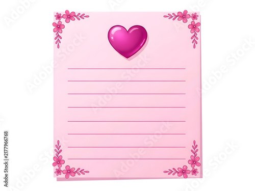 A pink decorative stationery paper featuring a vibrant heart illustration