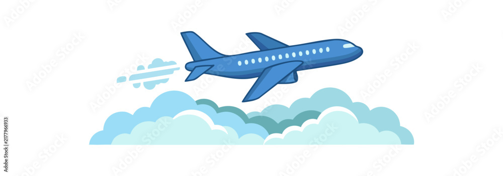 Naklejka premium Blue airplane flying through clouds with contrail effect