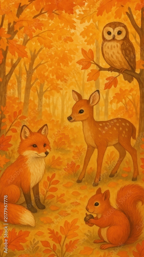 Obraz premium Charming woodland creatures in autumn mobile wallpaper