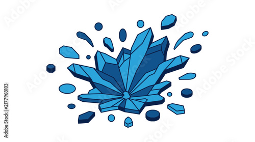 Blue crystals cluster illustration with sharp geometric mineral shapes and floating pieces