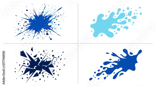 Blue paint splashes and ink splatters set isolated on white background design elements