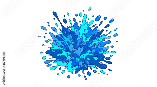 Blue water splash illustration with dynamic droplets and fluid motion on white background