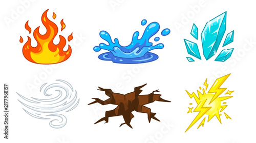 Cartoon elemental icons set featuring fire flame water splash ice crystals wind earth and lightning