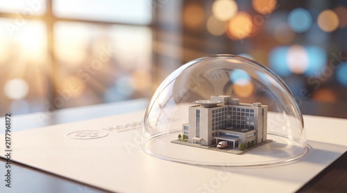 Miniature hospital building model protected under a clear glass dome on a white surface