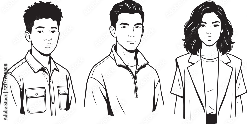 Fototapeta premium Three portraits of young adults depicted in a black and white line art style