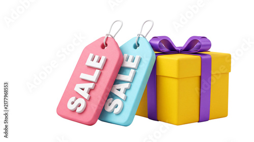 Sale tags and a gift box are prominently displayed, symbolizing discounts, promotions, and special shopping offers for.