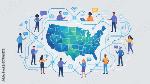 Diverse people connected across the United States map with digital communication network icons.