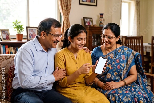 Indian teenage daughter happily showing smartphone screen app to middle aged parents inside cozy living room.