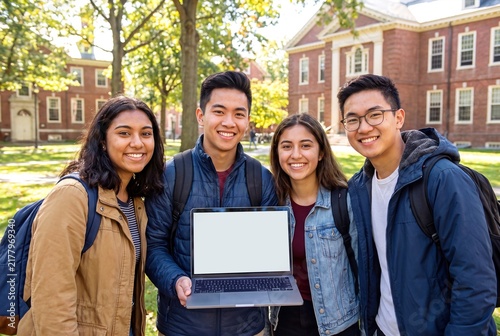 Four happy diverse university students smiling brightly while proudly showcasing a blank laptop screen on campus.
