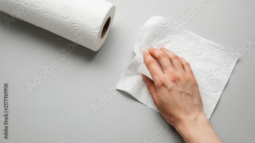 A hand wipes a surface with a clean paper towel. Ideal for home hygiene, cleaning service, and household maintenance advertisements.