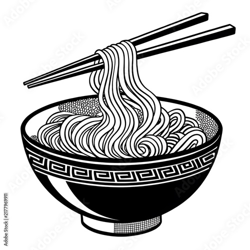 Bowl of ramen noodles with chopsticks on a decorative plate