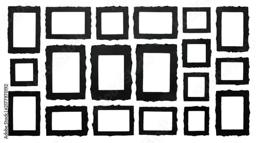 Various black torn paper picture frames isolated on transparent background