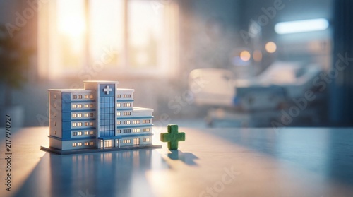 Miniature hospital model and green cross sign on table with blurred medical background