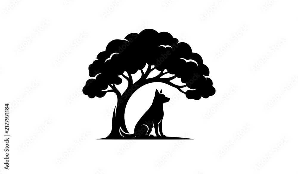 Fototapeta premium Dog Under Tree Silhouette, Vintage Nature Emblem Vector