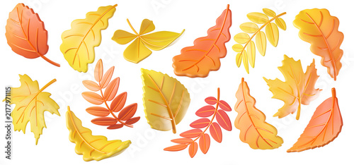 Set of 3D autumn leaves in warm orange and yellow gradient, isolated on background. Ideal for fall campaigns, seasonal design, greeting cards.
