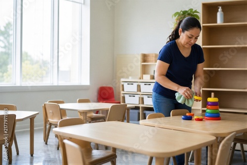 Woman educator cleaning colorful stacking rings in a kindergarten classroom. Preventive hygiene and sanitizing toy for childcare facility. Safe environment for preschool education.
