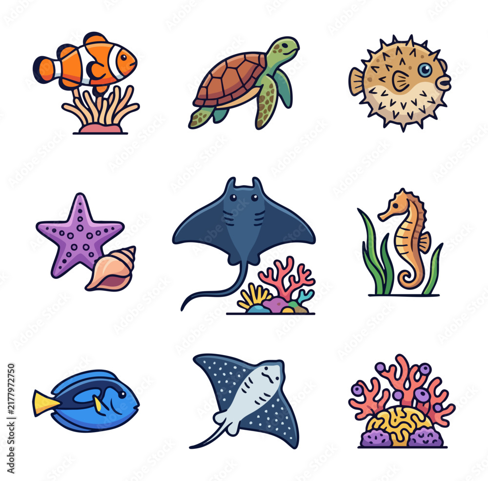 Obraz premium Collection of marine life and coral reef elements icons
