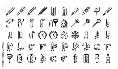 Thermometer Outline Icons Vector Set with Medical Digital Weather Temperature and Measurement Symbols