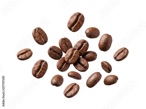 Fotografie Floating Coffee Beans Isolated on White Background with Dynamic Motion／白背景に浮遊する躍