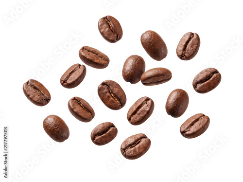 Bild auf Leinwand Floating Coffee Beans Isolated on White Background with Dynamic Motion／白背景に浮遊する躍