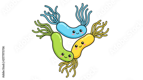 Trio of colorful curved bacteria with long flagella.