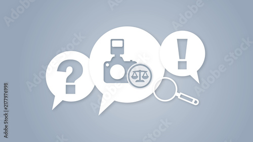 Fotografía A conceptual image illustrating the legal issues surrounding photography with speech bubbles, a camera, a scale of justice, a question mark, and an exclamation mark