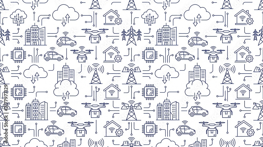 Seamless House Pattern with Cute Cartoon Icons, People, Business, Computer, Music and Animal Doodles, Hand Drawn Vector Illustration Wallpaper Design